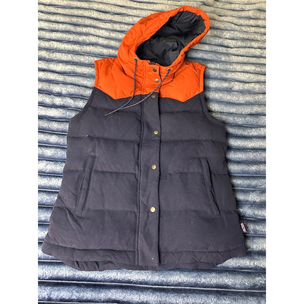 Patagonia Bivy Hooded Vest Navy Blue Orange Colorblock Down Insulated Womens M